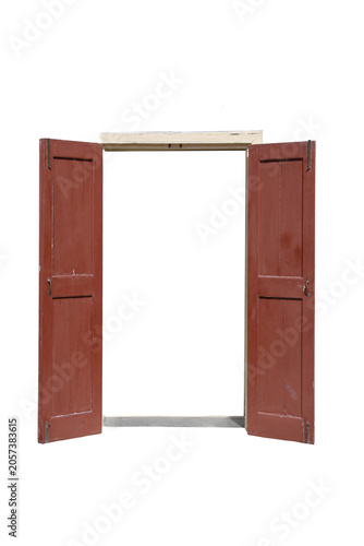 An old rustic brown wooden double door opened wide isolated on a white background.