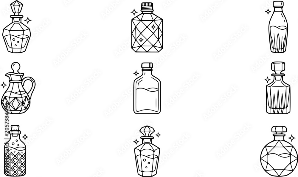 Fototapeta premium Black and White Line Art Bottles Icon Set for Luxury Beverage and Beauty Industry. Decorative Alcohol Decanters, Perfume Flasks, and Essential Oil Containers.
