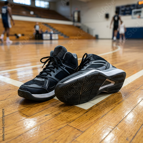 Close-up of a pair of black and white basketball shoes on a wooden court during a game.