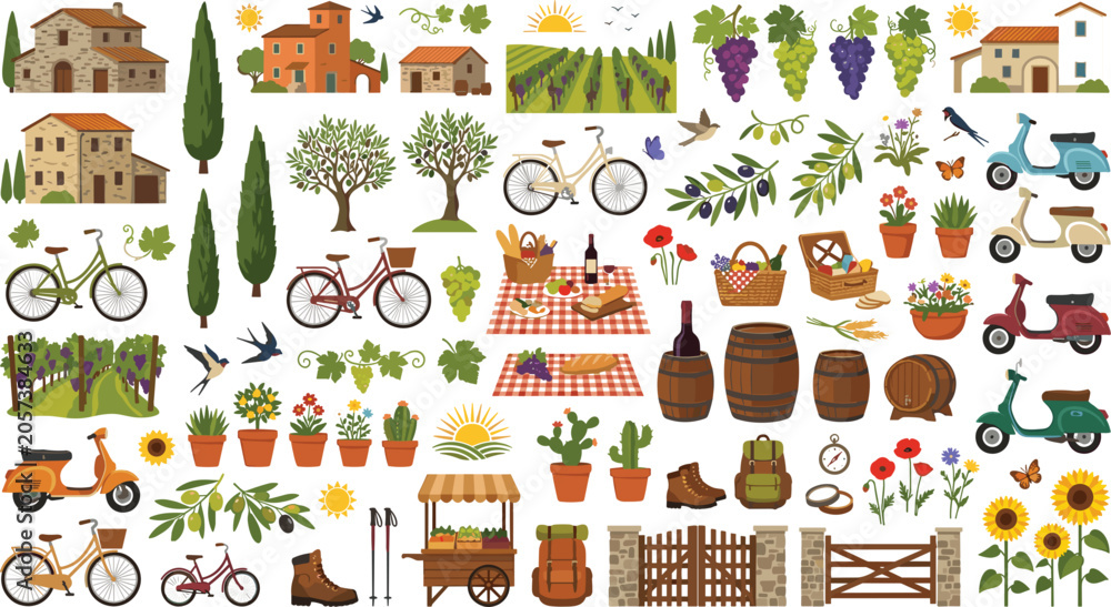 Fototapeta premium Mediterranean Countryside Vector Collection Featuring Vineyards Olive Branches Bicycles Picnics and Rustic Village Lifestyle Elements