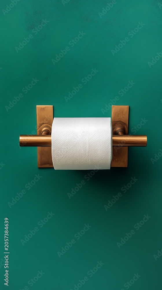 Obraz premium A gold toilet paper holder with a roll of white toilet paper on a green wall