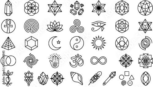 Fotografie Mystical Symbols  Sacred Geometry - Line Art Icons for Spirituality and Esoteric