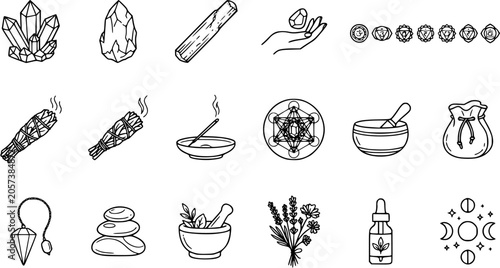 Slika na platnu Spiritual and Esoteric Icons: Crystals, Sage, Chakras, Mortar Pestle, Moon, Line
