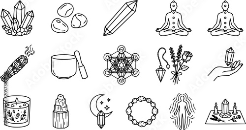 Photos Black  White Line Art Spiritual Wellness Icons Set: Crystals, Meditation, Sage,