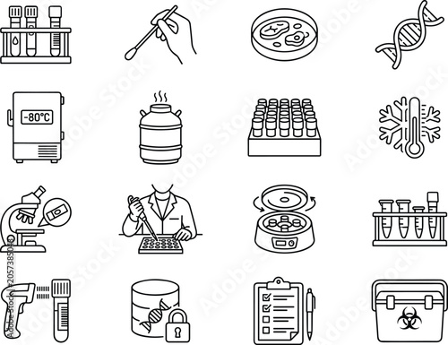 Laboratory biobank and genetic research icon set line art vector illustrations for science and medical concepts.