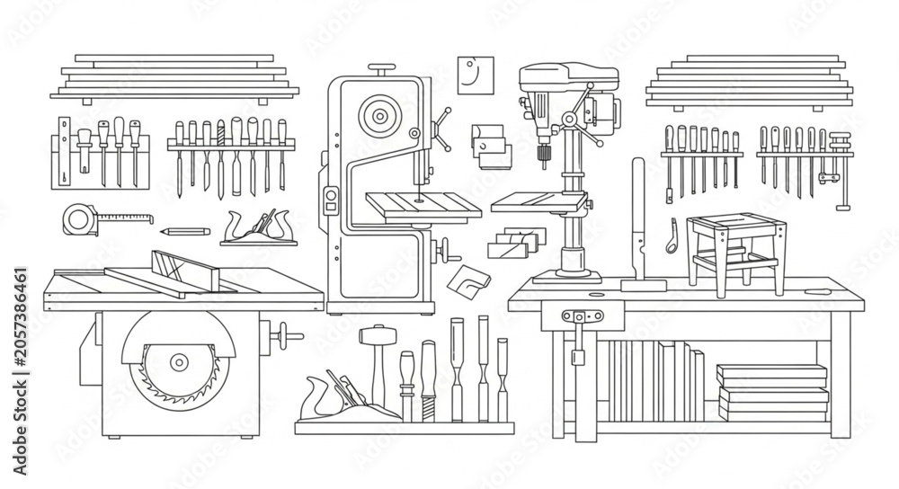 Naklejka premium Woodworking tools, workbench line art vector setup