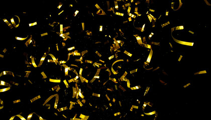  Vertical Falling Gold Confetti, Top Border Metallic Ribbon Burst on Black Background