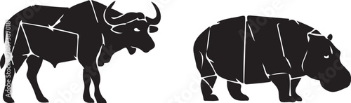 Buffalo and Hippopotamus Silhouette Set Isolated on White Background.