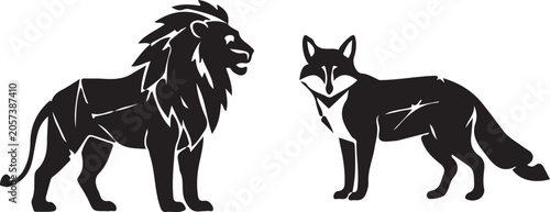 Lion and Fox Silhouette Set Isolated on White Background
