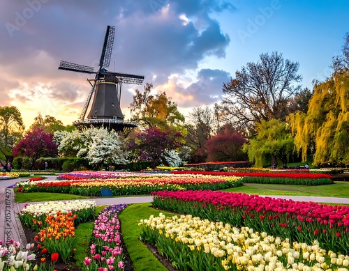 A serene garden scene with a windmill and vibrant tulip flowers