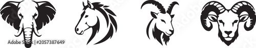 Elephant Horse Goat and Ram Head Silhouette Logo Set