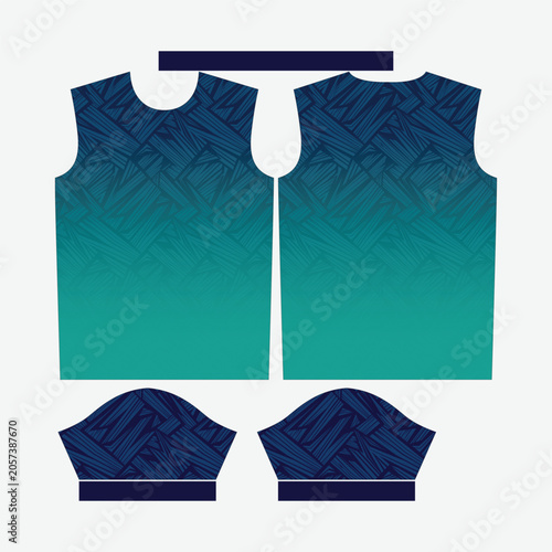 Abstract Navy Blue to Teal Green Gradient Sportswear Jersey Template with Elegant Hand Drawn Geometric Linear Hatching Patterns for Volleyball and Soccer Activewear Apparel Print