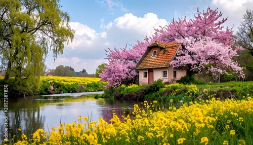 A serene house surrounded by blooming trees and vibrant flowers near a calm lake