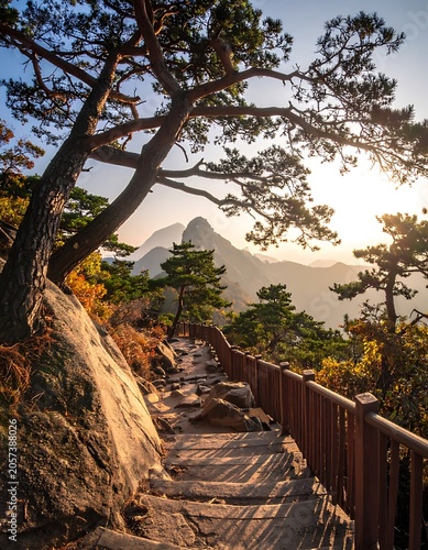 A serene mountain path at sunrise