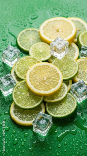Fresh Lime Slices with Ice Cubes on Water Droplets Surface