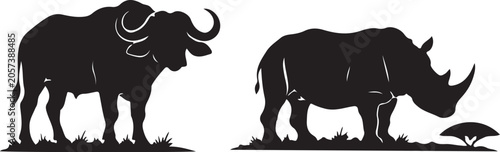 African Buffalo and Rhinoceros Silhouette Safari Wildlife Animal Vector Illustration