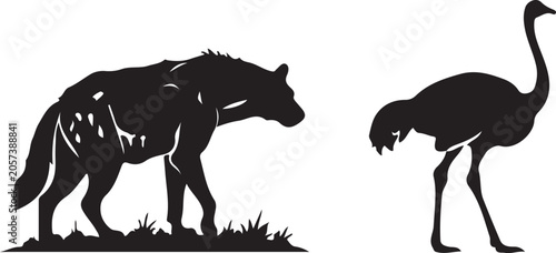 Hyena and Ostrich Silhouette African Wildlife Safari Animal Vector Illustration