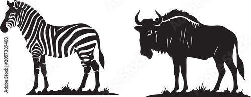Zebra and Wildebeest Silhouette African Wildlife Safari Animal Vector Illustration.