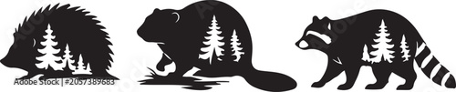 Hedgehog Beaver and Raccoon Forest Silhouette Wildlife Nature Vector Illustration.
