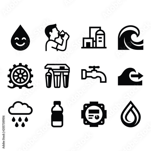 Twelve Black and White Water Conservation Icons isolated on white background