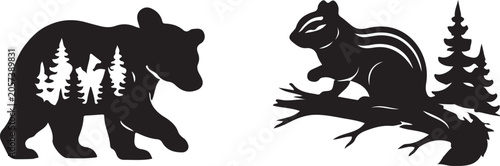 Bear and Chipmunk Forest Silhouette Wildlife Nature Vector Illustration.