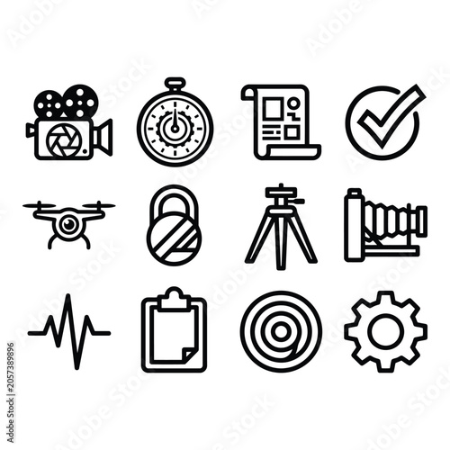 Twelve Black Line Icons for Various Uses isolated on white background