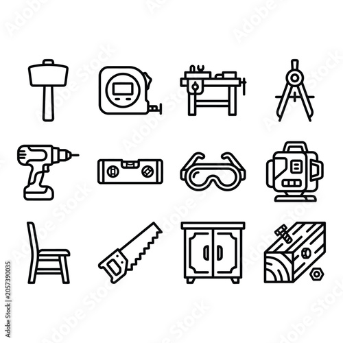 Twelve Black Line Icons of Carpentry and Construction Tools isolated on white background