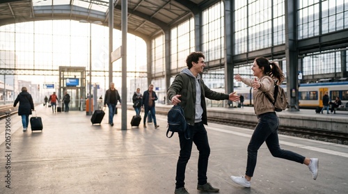 Happy young couple reuniting with a hug at a busy train station platform