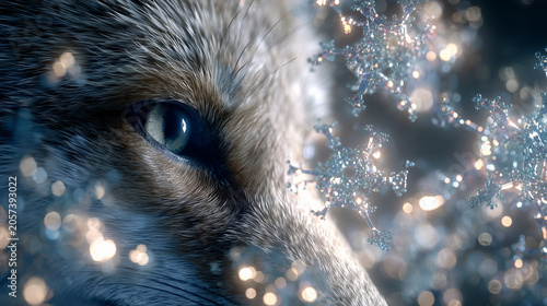 Advanced 3D render of a striking fox eye integrated with a glowing micro virus network