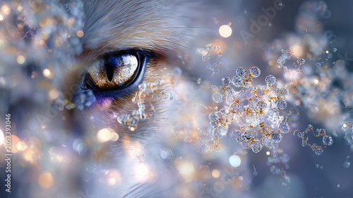 Modern bio-tech 3D illustration of a amber fox eye with flowing molecular structures