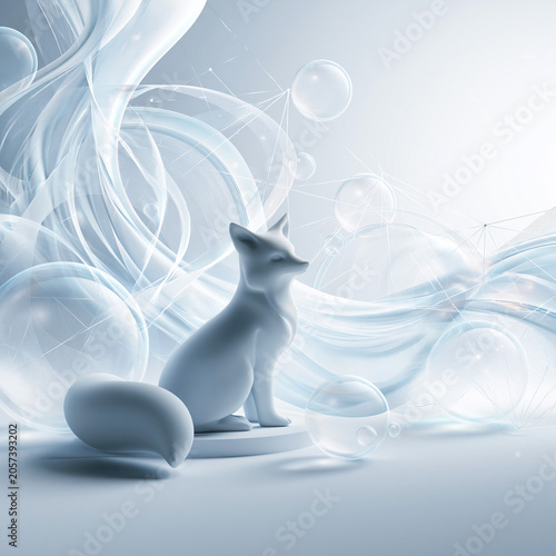 Panoramic 3D render of a white fox sitting with clean sleek fluid ribbon streams and copy space