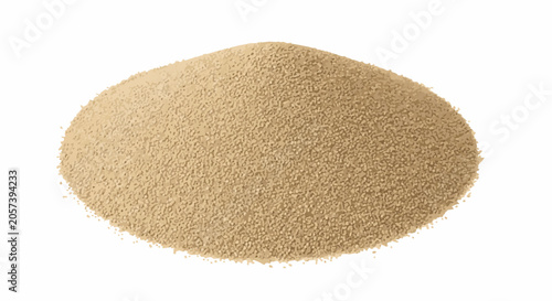 A pile of fine, beige granular material rests on a white background