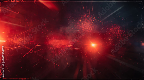 Retro film burn overlay effects feature scratch dust, motion blur, and red light leaks, combined with a distressed texture and analog grain. These elements create a light leak flare on a black backgro