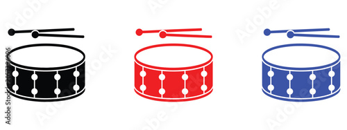 Set of three colorful drum and drumstick icons for musical instrument design, percussion art, and rhythm themed vector projects