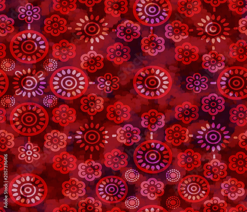 Fotografie Maroon Abstract pattern featuring stylized floral circles and geometric sunbursts in a seamless, artistic design