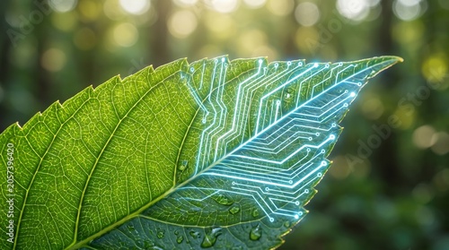 Leaf with circuit board pattern showcasing technology and nature  
