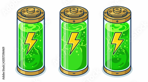 Billede på lærred Three full green energy batteries with lightning bolt symbol.