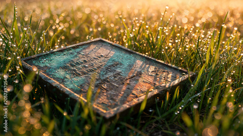 Weathered rectangular bronze plaque resting peacefully within vibrant green grass covered in morning dew drops sparkling