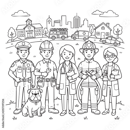 Community helpers coloring page vector, essential workers and first responders line art, professional people and city buildings outline illustration