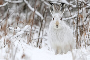 A snowshoe hare in its winter coat, expertly camouflaged amidst a snowy forest landscape