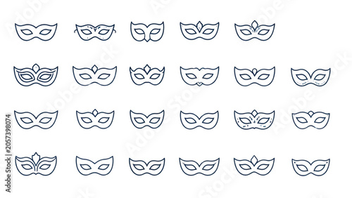 Minimalist icon set featuring masquerade masks in solid and line art style for celebrations and events