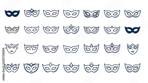 Minimalist icon set featuring masquerade masks in solid and line art style for celebrations and events