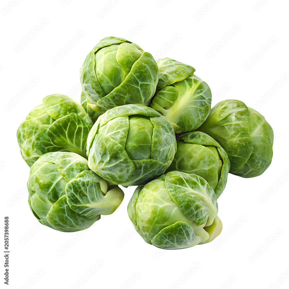 Fototapeta premium Brussels sprouts cluster, isolated on pure white background, PNG asset, clipping path, shadowless