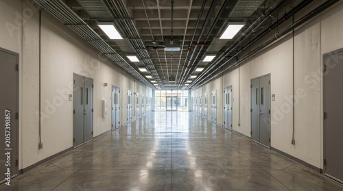 Modern Corridor with Multiple Doors and Industrial Ceiling Design