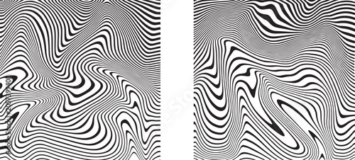 Canvastavla Set of Abstract wavy lines pattern, black and white distorted background