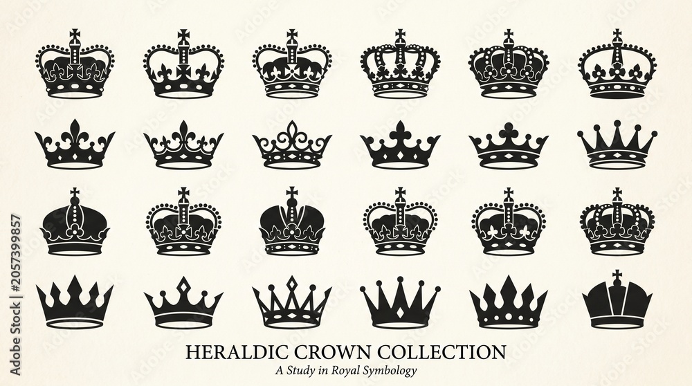 Obraz premium A regal grid of heraldic crowns, symbolizing authority, tradition, and cultural identity, showcasing diverse royal designs that embody history, hierarchy, and timeless elegance across civilizations.