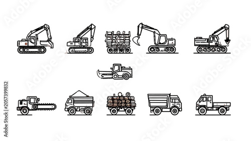 Technical line-art icon suite featuring industrial chainsaws and timber transport for resource management media.