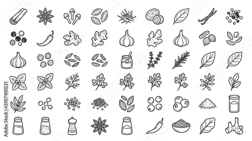 Collection of hand-drawn icons representing various spices, herbs, and seasonings used in cooking and culinary arts.