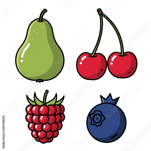 Vibrant vector illustration of fresh organic fruits including a bright green pear paired with sweet red cherries plus a ripe raspberry and a plump blue blueberry on a white background.
