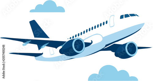 Tablou pe pânză A modern passenger airplane with blue and white livery soaring gracefully through a bright sky with fluffy clouds, symbolizing air travel and global connectivity